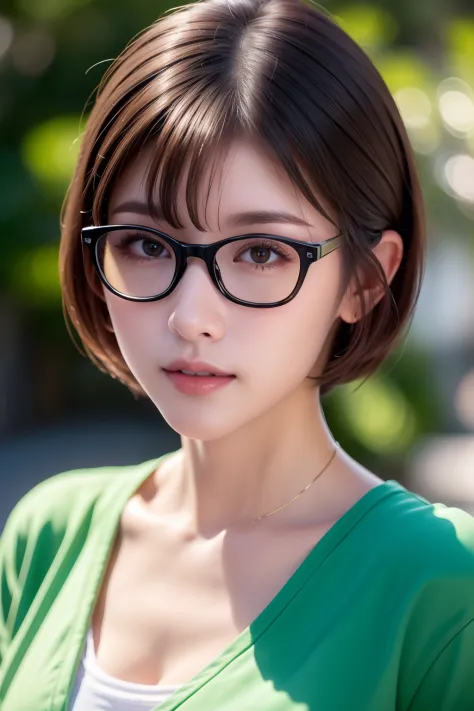 hight resolution, high lighting, in 8K, Small and round glasses, Long face, (1人の女性), Details of face, Brown-eyed, Topical Garden...