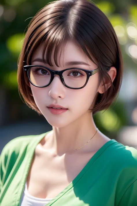 hight resolution, high lighting, in 8k, small and round glasses, long face, (1人の女性), details of face, brown-eyed, topical garden...