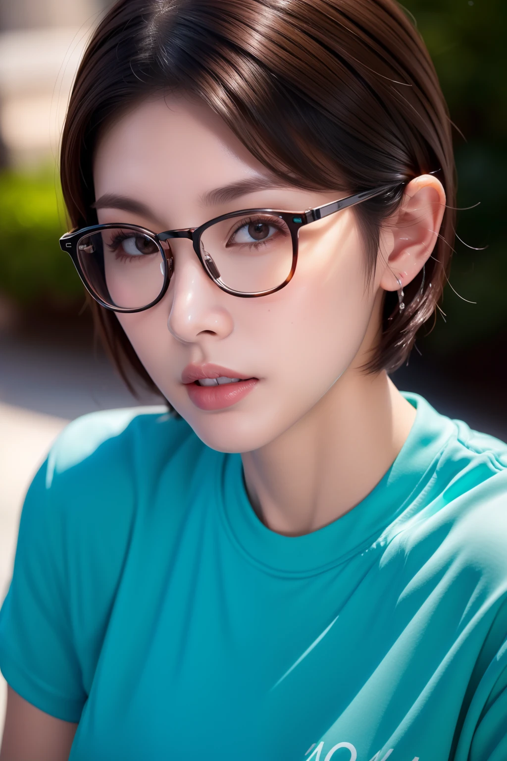 hight resolution, high lighting, in 8K, (Glasses with a thin silver rim), Long face, (1人の女性), Details of face, Brown-eyed, Topical Garden, Very short hair, Close-up Face, Medium, looking at viewert, Turquoise T-Shirt, Keep one's mouth shut