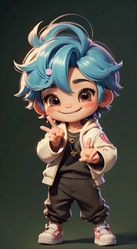 a chibi boy, smiling, peace and love hand sign