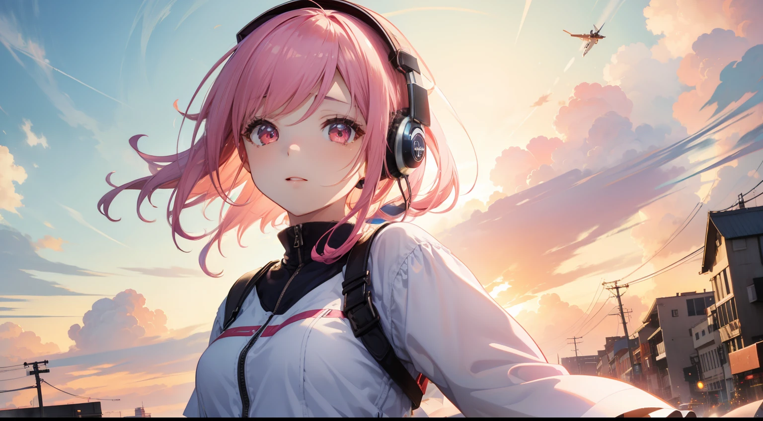 ​masterpiece、top-quality、Movie stills、1girl、Cloud Girl、floating in sky、pink shorth hair、headphones、with light glowing、happiness、Warm soft lighting、Sunset in the city、(Spark:0.7)