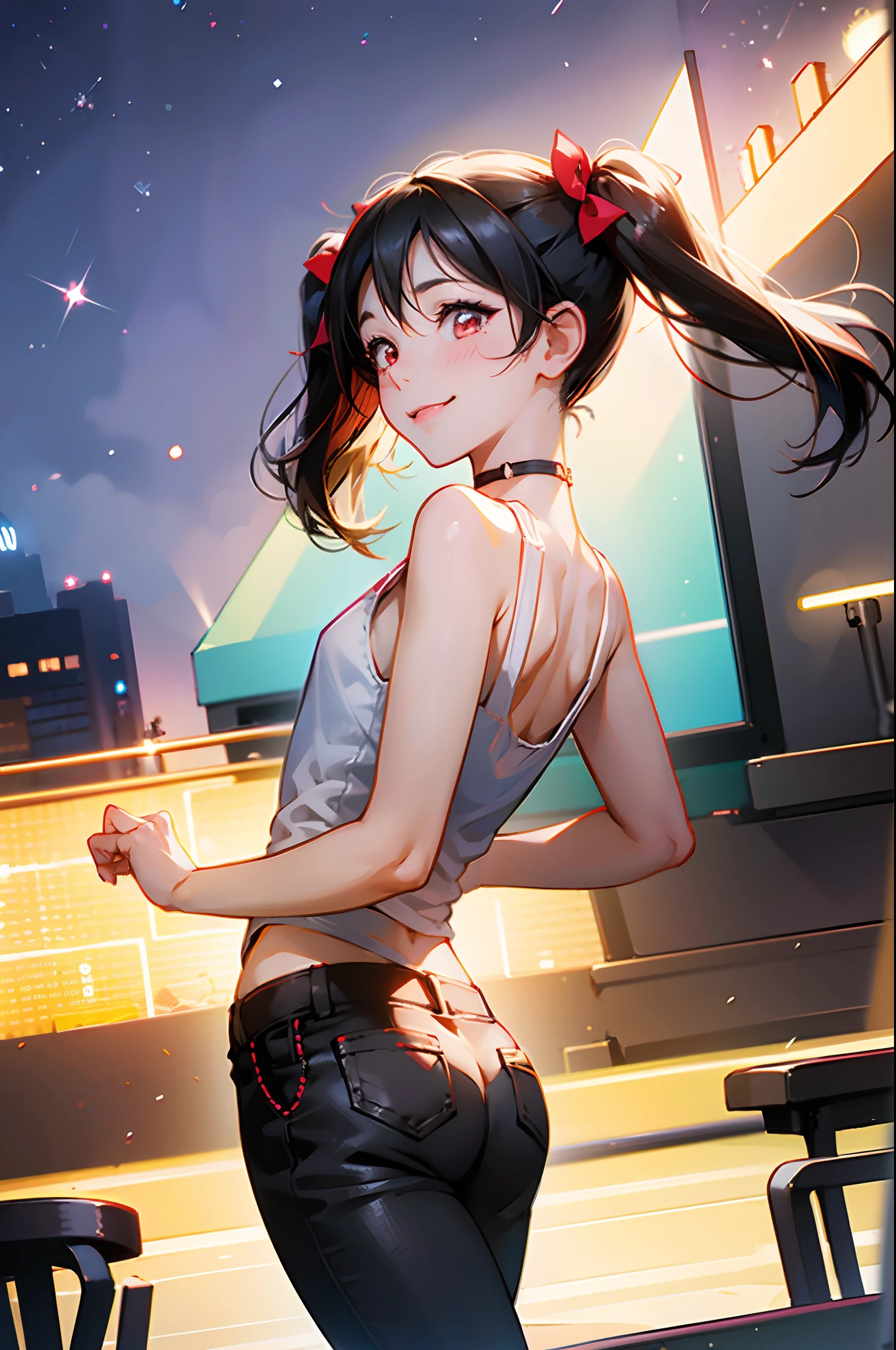 1girl, solo, yazawa nico, twintails, (red eyes), black hair, hair bow, single sidelock, small breasts, choker, city, absurdres, high res, ultra Sharp, seductive smile, blush, Black skinny pants, white tight tanktop , 8k, from behind