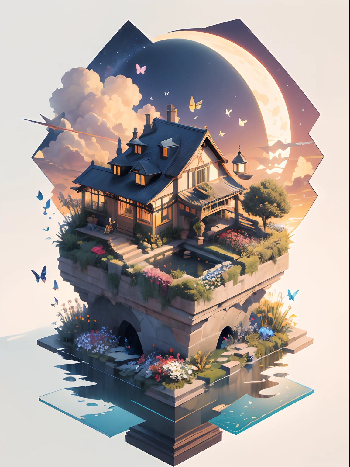 (((masterpiece))),best quality,[(white background:1.5),::5] hexagon, (isometric:1.2), 1 boy, butterflies, flowers,floating petal, peaceful water,cloud, sunset, garden