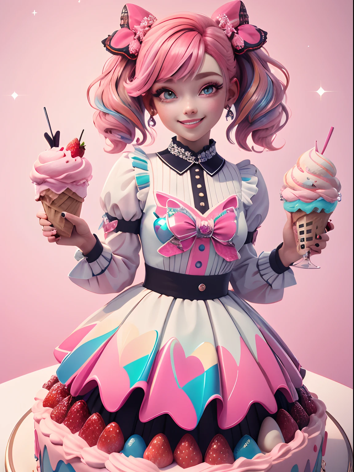 (((masterpiece))),best quality, [(white background:1.5)::5], (isometric:1.1), beautiful detailed fashion magazine style, pink hair girl wearing pastel decora fashion, intricate illustration, ice cream, sweets, shimmer, iridescent, light particles, cake, strawberries, fruits, dynamic angle, pink theme, glossy, shiny clothes, frills, 8k, smile, 3d, 3dmm