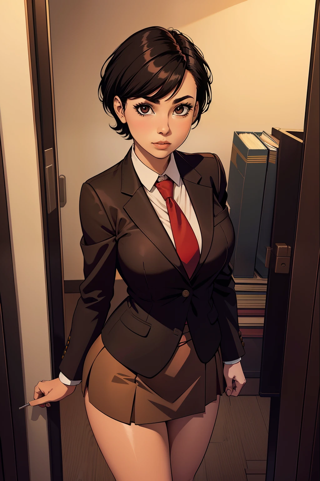 mujer, pelo negro corto, vistiendo una chaqueta de oficina marrón, corbata roja, falda de oficina marrón, mirando archivos, sin antecedentes,