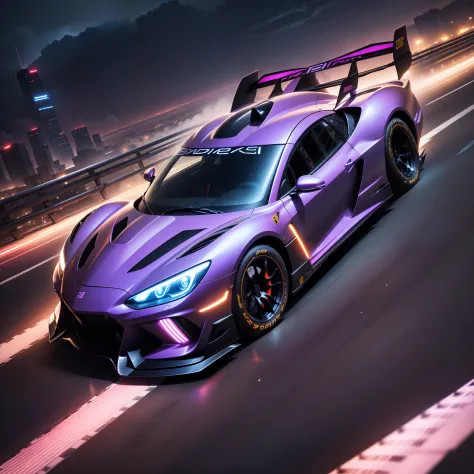 (highres,best quality:1.2),ultra-detailed,anime style purple race car,shiny metallic body,streamlined design,glowing neon lights,reflective surface,sharp edges,powerful engine,aggressive stance,sleek lines,high-speed action,curved tires,motion blur,driftin...