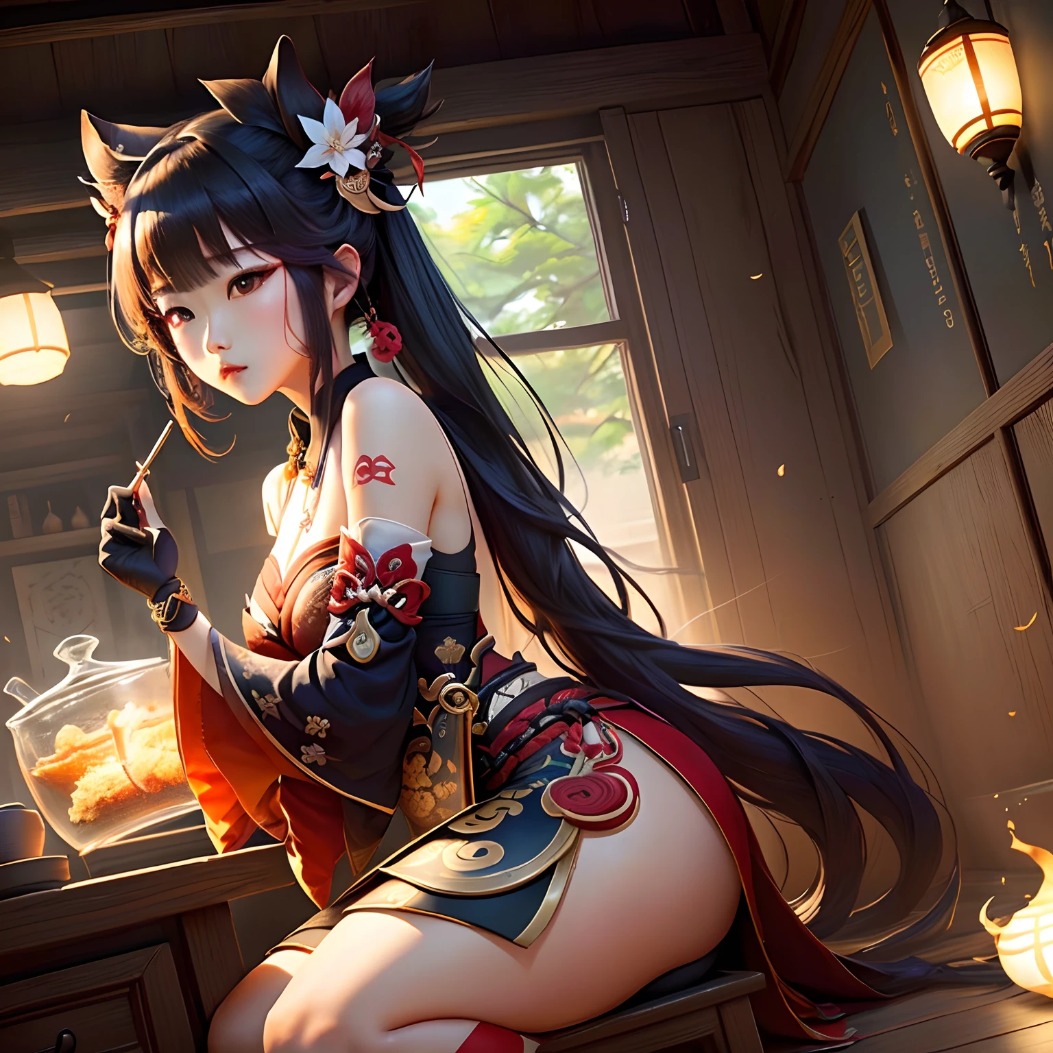 Anime girl with a sword sitting on a table in a room - SeaArt AI