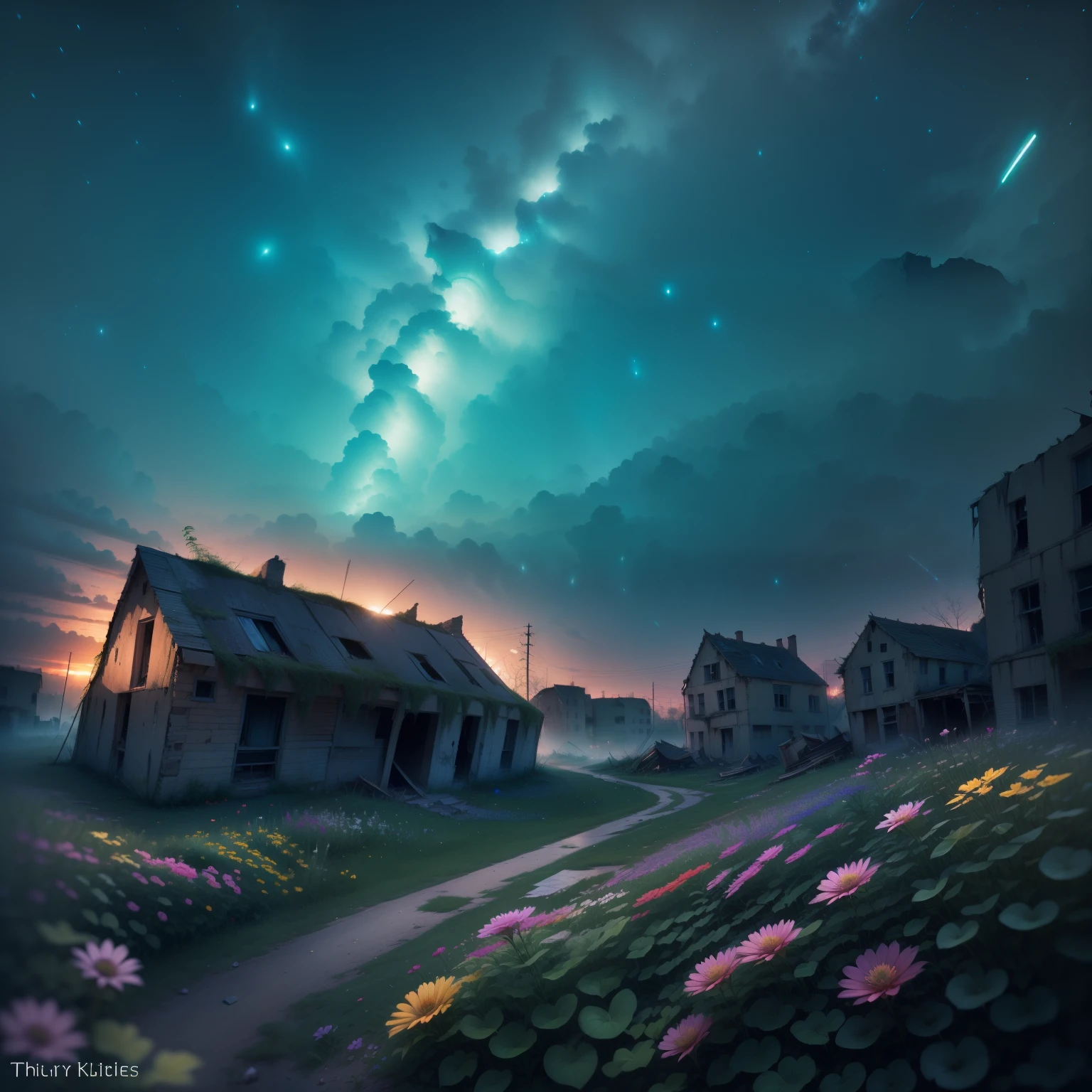 stars, cinematic lighting, dynamic light, fog, Nettle thickets, thorny nettle thickets, old houses, forgotten houses, green plants