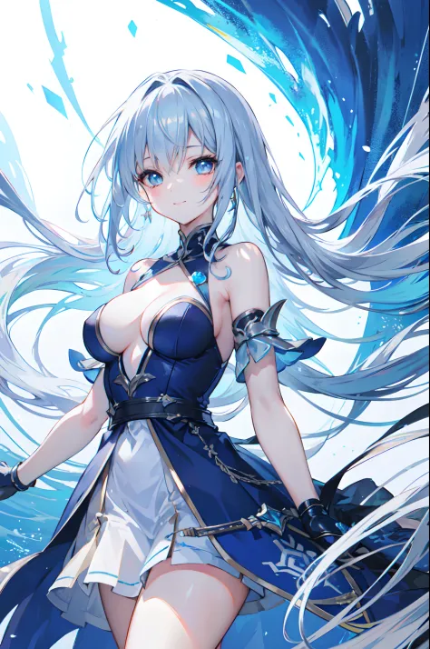 Silver blue hair, long hair, wind blowing, full adult body, light smile, blushing, masterpiece, ultra detailed, cinematic shot, blue eyes, sunlight