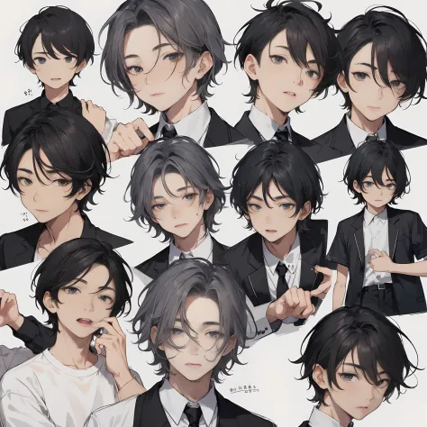 Male child，Face Overview，a 15 year old boy、Hairstyles for gray hair、white  shirt，(appearance々Facial expressions)，Multiple Poses ...