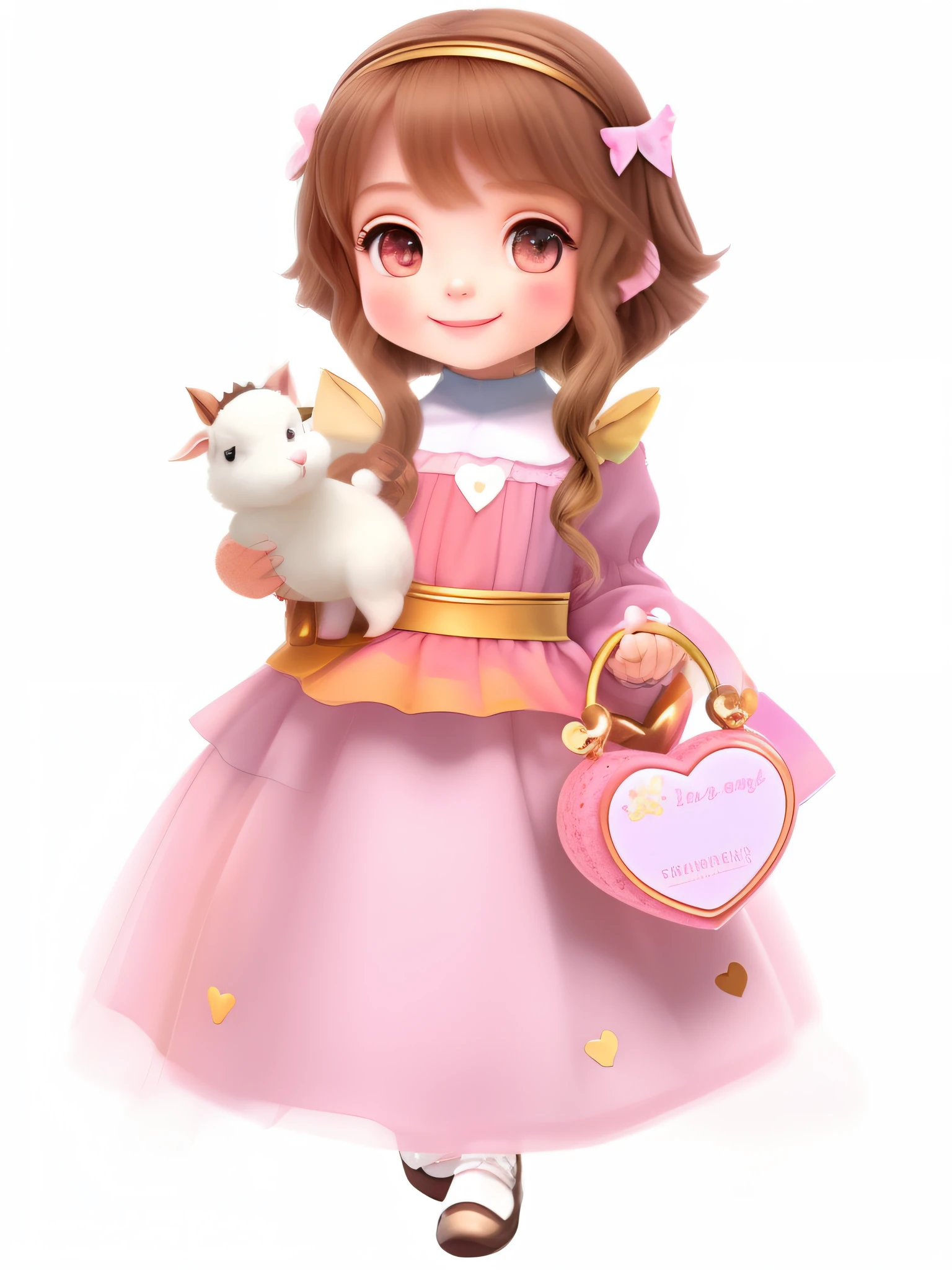 Anime girl in pink dress holding a white cat and a pink purse - SeaArt AI