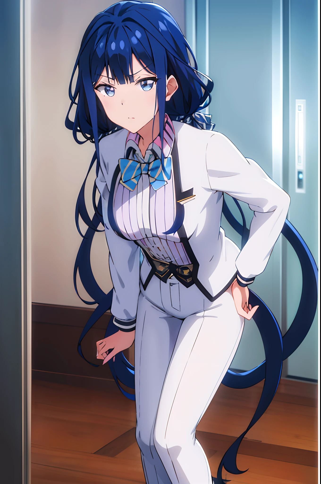 Anime girl in white suit and blue tie standing in a room - SeaArt AI