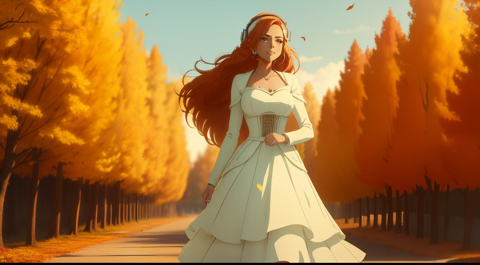 1 girl, (sem sombras na garota), ((seios muito pequenos)), (((headphone branco))), (with bohemian dress without necklines), (corpo inteiro) (cabelo ginger), uma mulher linda com sutil sorriso, pele brilhante detalhada, in an open field with autumn trees with yellow and red leaves. Dia ensolarado com cores vivas, Bright and illuminated scenery