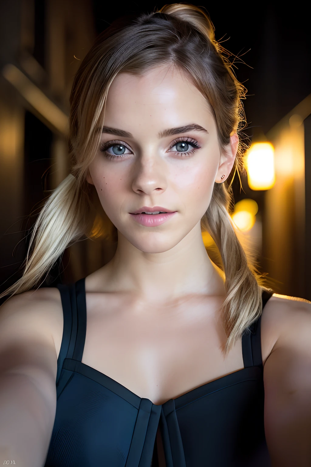 little Emma Watson, (taking selfies, Overhead view: 1,4), (straight half of the torso: 1,4), Portrait photo of a 24-year-old blonde in RAW UHD format (Blue-eyed woman), pigtails, Haircut for a boy , Walk down the dark alley, natutal breasts_b, night city, ( Tactical theme), (décolleté), in detail (textures!, hairsh!, glistering, a color!!, imperfections: 1.1), highly detailed glossy eyes, (is looking at the camera), specular lighting, DSLR camera, ultra quality, sharp-focus, sharpness, Depth of field, film grains, (centred), Fujifilm XT3, Crystal clear, big breastes, naked torso, The center of the frame, pretty face, sharp-focus, street lamp, neon lights, bokeh, (dimly lit), Low key, in night, (night  sky ) detailed skin pores, oiled skin, suntan, Complex eye details