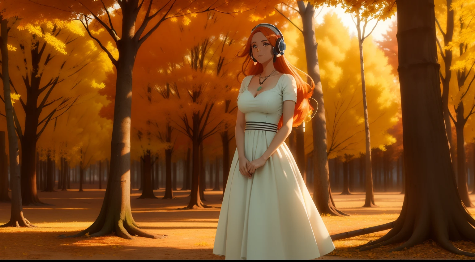 1 girl, (sem sombras na garota), ((seios muito pequenos)), (((headphone branco))), (with bohemian dress without necklines), (corpo inteiro) (cabelo ginger), uma mulher linda com sutil sorriso, pele brilhante detalhada, in an open field with autumn trees with yellow and red leaves. Dia ensolarado com cores vivas, Bright and illuminated scenery