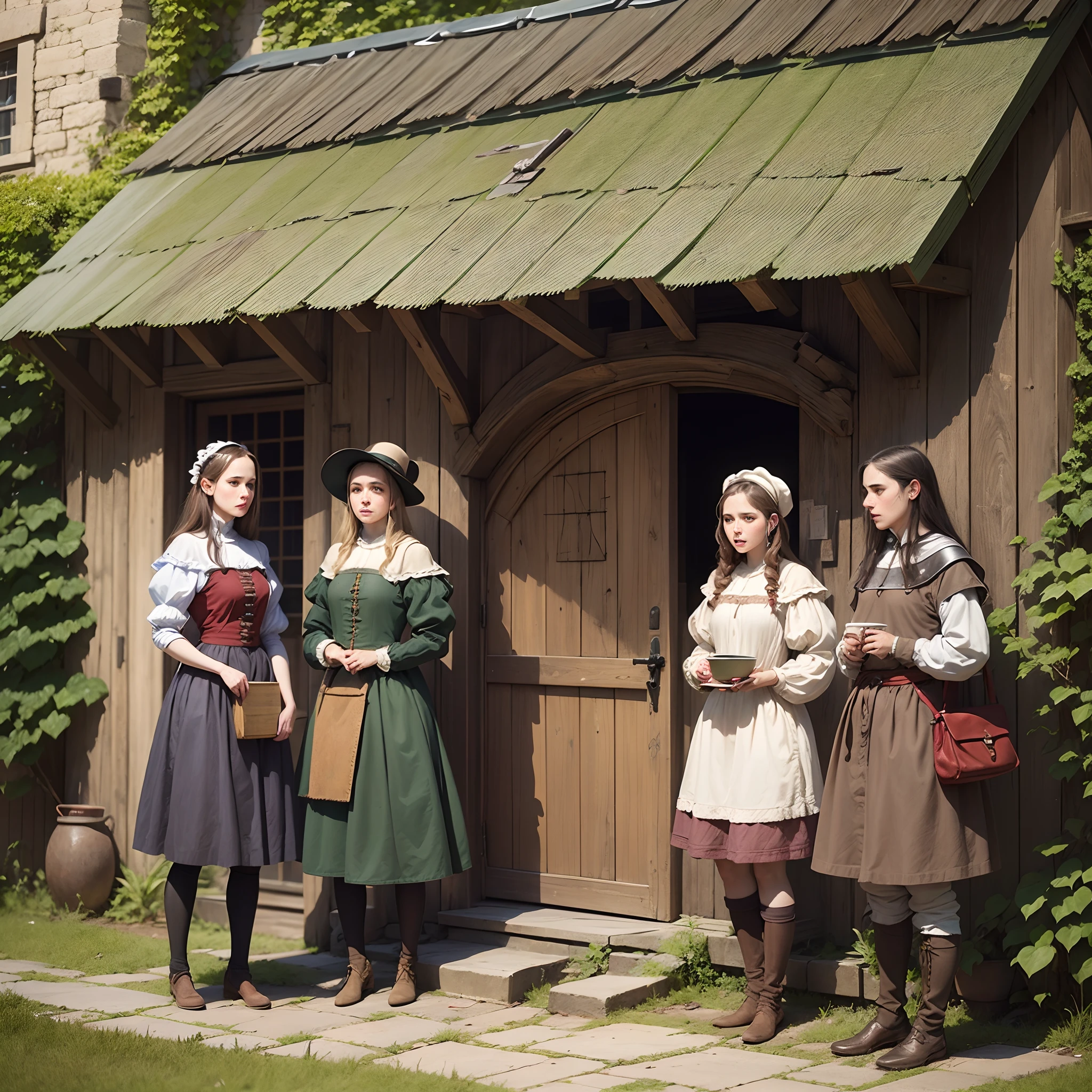 Peasant medieval confused young women in yard tavern, photo style ...