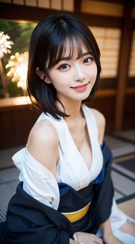 (8K、Raw photography、top-quality、​masterpiece:1.2)、(reallistic、Photorealsitic:1.37)、The ultra -The high-definition、1 girl in、cute little、独奏、natta、Sitting、date、(Nasal redness)、(A smile:1.1)、Colossal tits、beautidful eyes、(short-hair:1.2)、(((Fireworks in the s...