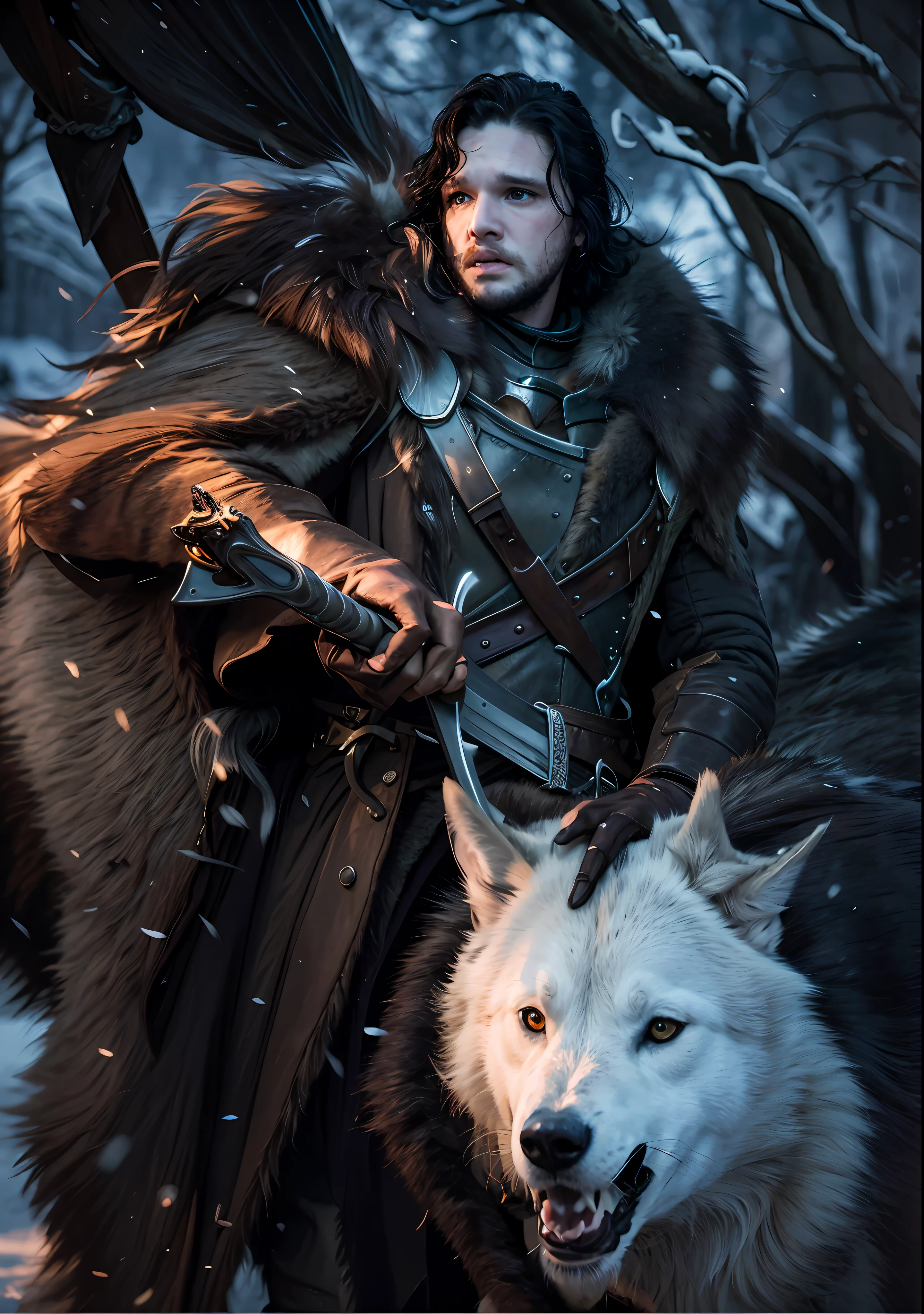 Póster cinematográfico de Jon Snow sosteniendo una espada., acompañado de un lobo blanco, En la nieve. (hdr: 1.4), (iluminación cinematográfica: 1.4), obra maestra, ultra realista 8k, arte perfecto, detalles intrincados, enfoque nítido, cara detallada, luces y sombras, colores vívidos, fotografía premiada, Híper realista.