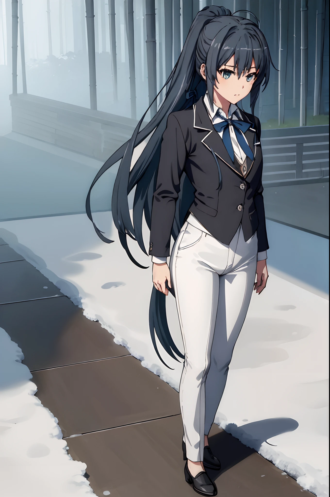 Anime girl with long black hair walking down a sidewalk - SeaArt AI