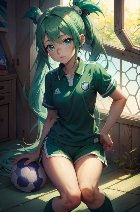anime girl , blue green hair, soccer uniform