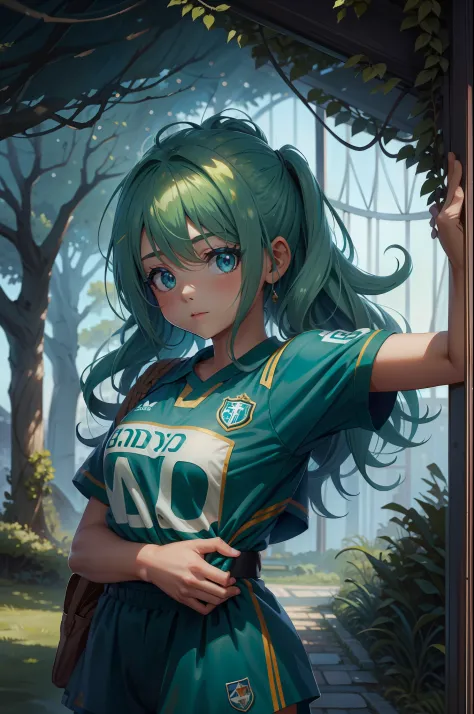 menina anime , cabelo verde azul, uniforme de futebol