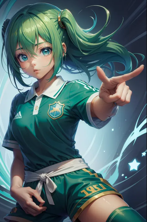 menina anime , cabelo verde azul, uniforme de futebol