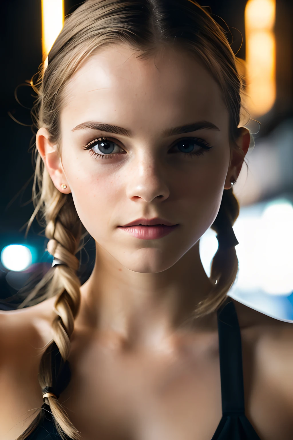 little Emma Watson, 8 years old, (taking selfies, Overhead view: 1,4), (straight half of the torso: 1,4), Portrait photo of a 24-year-old blonde in RAW UHD format (Blue-eyed woman), pigtails, The floor of the head is shaved bald, Walk down the dark alley, natutal breasts_b, night city, ( Tactical topics), (décolleté), ass, flirts with the camera, panty, in detail (textures!, hairsh!, glistering, a color!!, imperfections: 1.1), highly detailed glossy eyes, (is looking at the camera), specular lighting, DSLR camera, ultra quality, sharp-focus, sharpness, Depth of field, film grains, (centred), Fujifilm XT3, Crystal clear, big breastes, naked torso, The center of the frame, pretty face, sharp-focus, street lamp, neon lights, bokeh, (dimly lit), Low key, in night, (night  sky ) detailed skin pores, oiled skin, suntan, Complex eye details