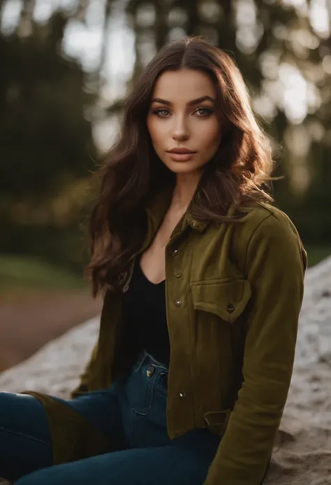 A woman sitting on a rock in a forest wearing a green jacket - SeaArt AI