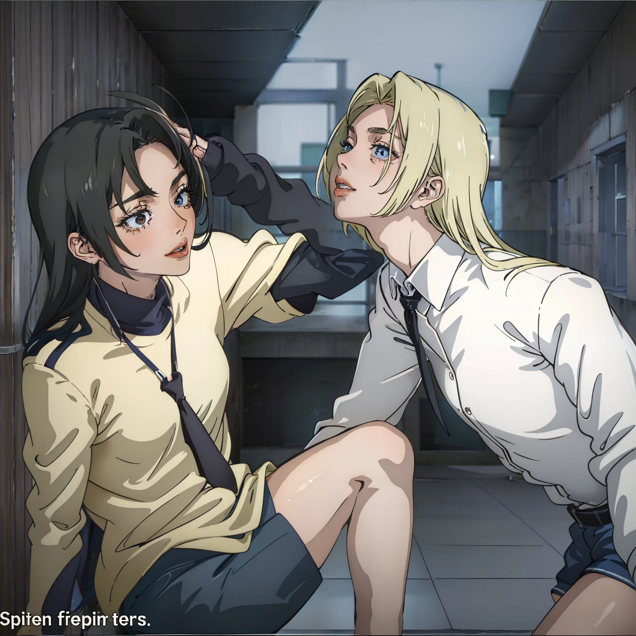 Anime image of two women in a hallway with a man in a tie - SeaArt AI