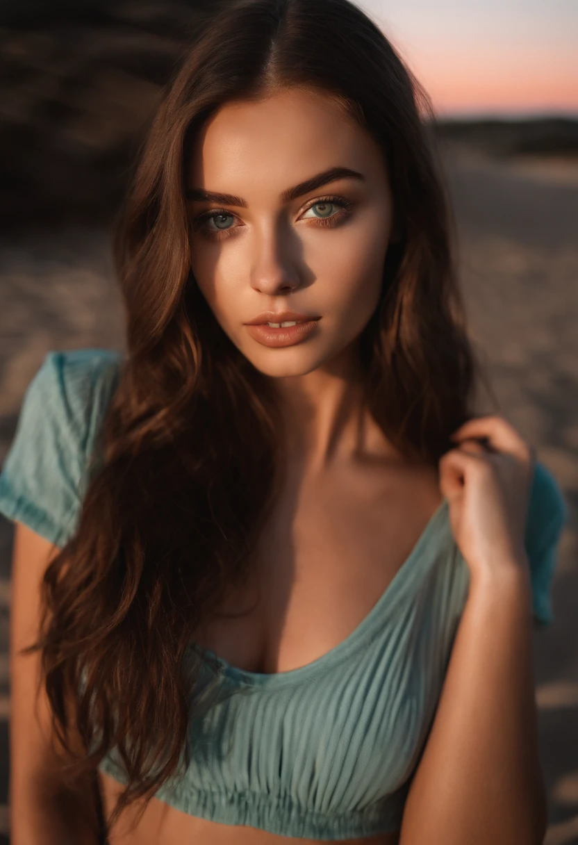 A close up of a woman with long hair wearing a blue top - SeaArt AI