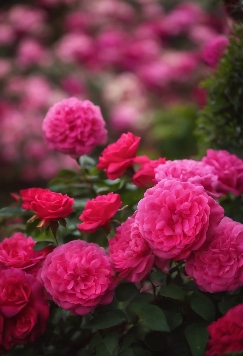 There are many pink roses in the garden with green leaves - SeaArt AI