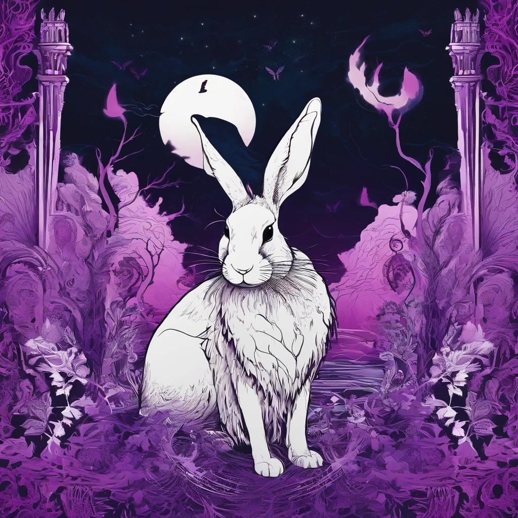 Rabbit with black and purple fur and magenta antlers, glowing eyes, night sky full of Eldritch horror and tentacles, best quality, masterpiece