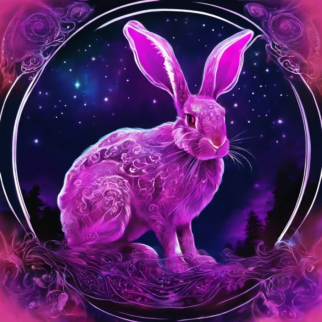 Rabbit with black and purple fur and magenta antlers, glowing eyes, night sky full of Eldritch horror and tentacles, best quality, masterpiece