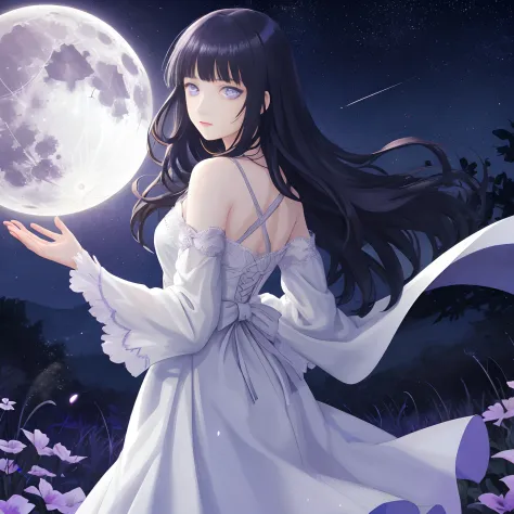 (Best Quality, masutepiece), Young Woman, Medieval princess white dress, Pose, Particle, Wind, flower, Upper body, Full moon nig...