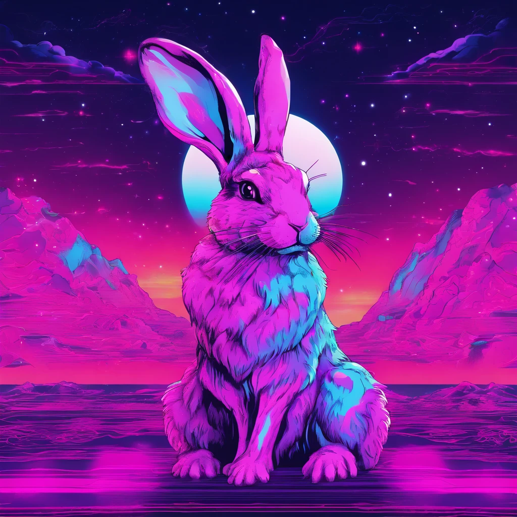 Rabbit with black and purple fur and magenta antlers, glowing eyes