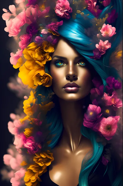 (Masterpiece), (Best Quality), (photorealistic), ((A woman with intricately colored hair made up of flowers)), (Long hair), (mag...