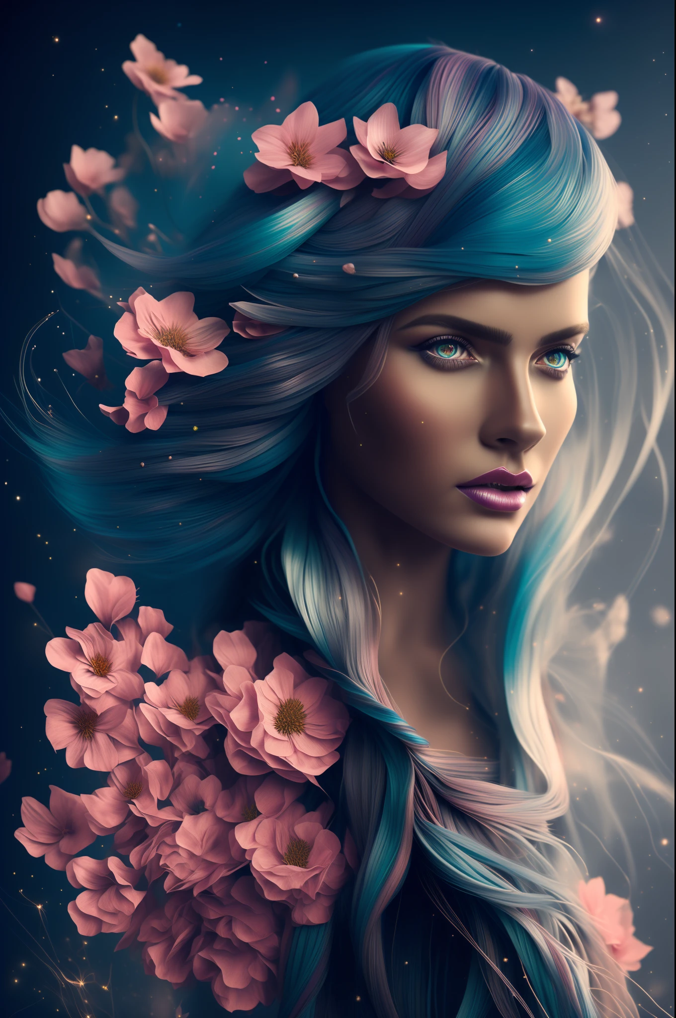 (Masterpiece), (Best Quality), (photorealistic), ((A woman with intricately colored hair made up of flowers)), (Long hair), (magic environment with sparkles), Cinematic lighting, (High Contrast), (Ultra Detailed), Beautiful flowers, A realistic sculpture of wires by Alberto Seveso, (fantasy art style), behance hd, 32k, ultra sharp, ((shiny ultra black background))