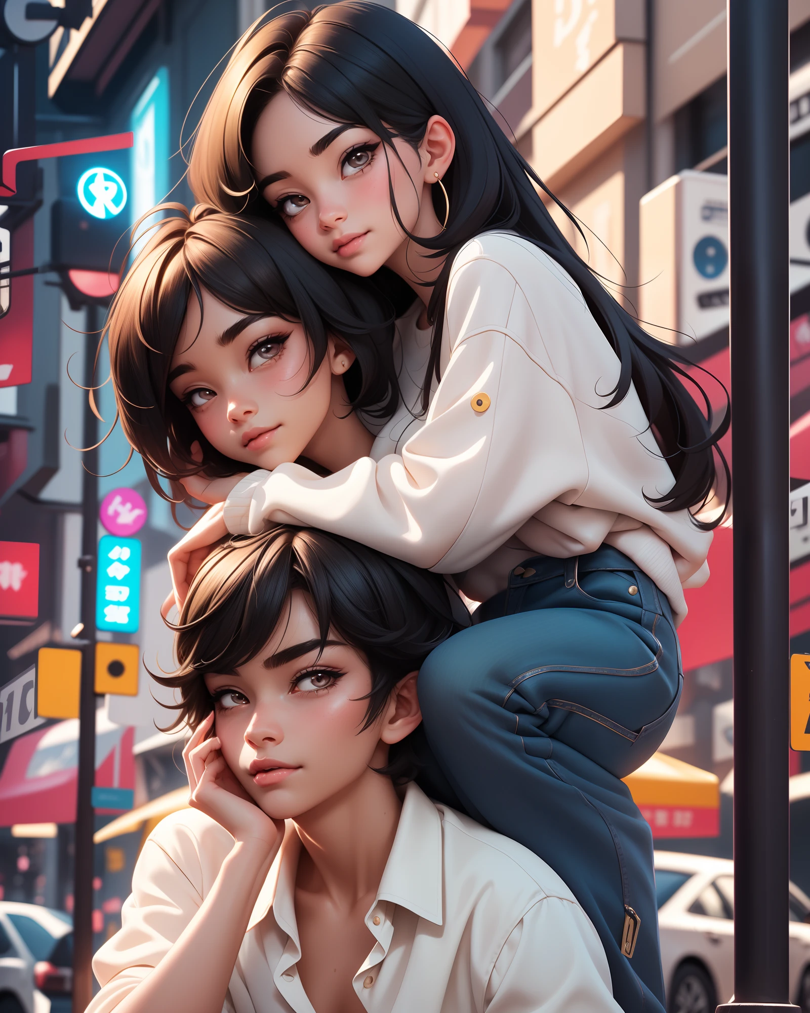 anime boy and girl,black hair for both,headrest girl on boy's shoulder,detailed facial features,beautiful sparkling eyes,long eyelashes,smiling lips,soft expressions,stylish clothes,fashionable outfits,colorful background,romantic atmosphere,soft lighting,airy and dreamy feel,highly-detailed artwork,vivid colors and tones,anime-style illustration,high-res digital painting,professional quality,perfectly composed,emotional connection between characters.