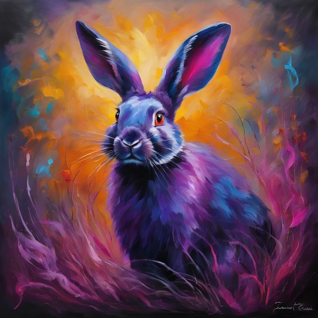 Rabbit with black and purple fur and magenta antlers, glowing eyes, night sky full of Eldritch horror and tentacles, best quality, masterpiece