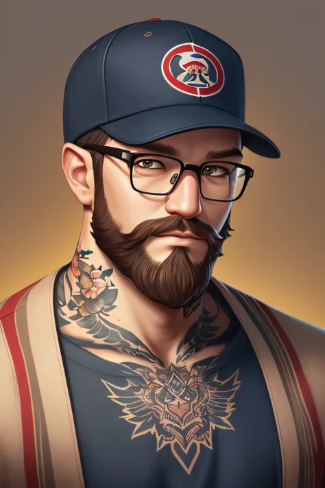 avatar character of a bald man with light_coloured_beard and glasses with a baseball cap, cute detailed digital art, high qualit...