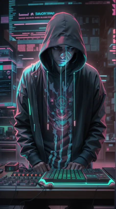 Sci-fi Artwork,Extremely realistic and epic scene inspired by a film Elliot Alderson series Mr Robot, wearing a black hoodie, sits in front of an old and worn-out computer. The dim light from the monitor illuminates his face, highlighting the determination...