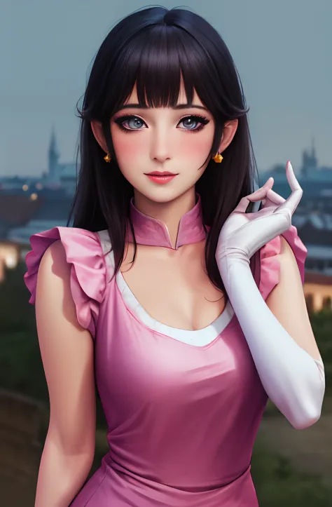 (masterpiece, best quality, highres:1.4), absurdres, 1girl, star eye, (princess peach), blush, (realistic:1.5), purple eyes, hap...