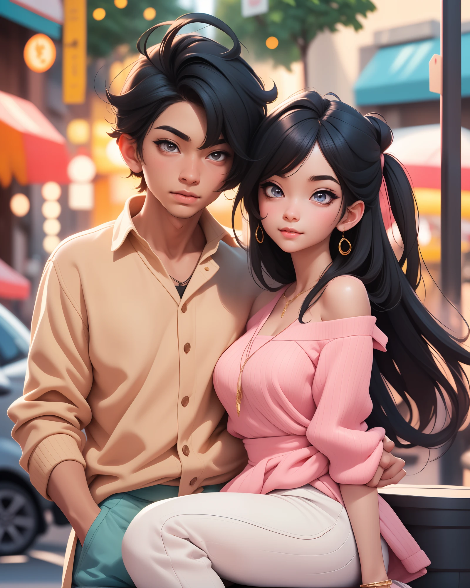 anime boy and girl,black hair for both,headrest girl on boy's shoulder,detailed facial features,beautiful sparkling eyes,long eyelashes,smiling lips,soft expressions,stylish clothes,fashionable outfits,colorful background,romantic atmosphere,soft lighting,airy and dreamy feel,highly-detailed artwork,vivid colors and tones,anime-style illustration,high-res digital painting,professional quality,perfectly composed,emotional connection between characters.