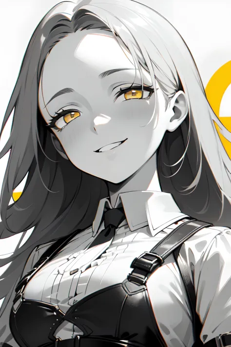 (((colored yellow eyes with greyscale background))), 1girl, woman, solo, long hair, big hair, (forehead:1.2), (round sunglasses:...