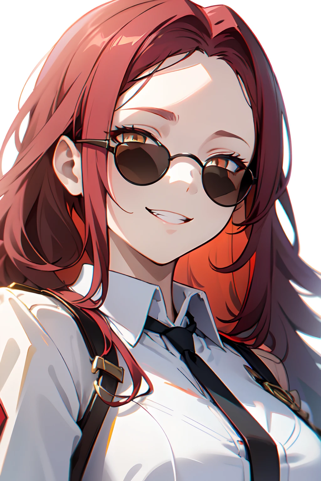 1girl, woman, solo, long hair, big hair, (forehead:1.2), (round sunglasses:1.19), yellow eyes, scarlet red hair, medium breasts, devilish grin from below, white hair, (overcoat, black coat, open coat:1.2), white shirt, collared shirt, (chest harness, shoulder strap:1.15), black leather shorts, garter belt, gloves, ((from below)), elegant, looking at viewer, standing, chromatic aberration, (close-up to face:1.2), face only masterpiece, best quality, 4k