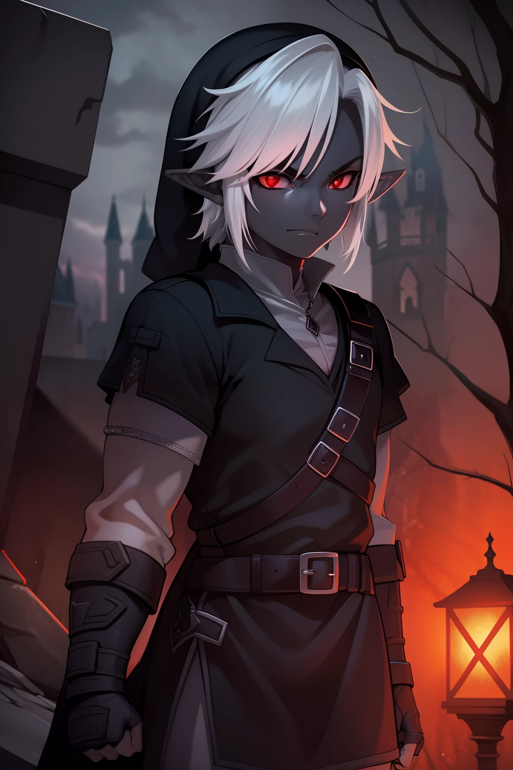 Dark Link standing in front of an obscur castle , gleaming red eyes, menacing shadows , Best quality,man ,4K,8k,high resolucion,Masterpiece:1.2, Ultra-detailed, Realstic:1.37, Hdr, studio lighting, mise au point nette, Extremely detailed description, professionnel, Couleurs vives, Bokeh, Portraits, Lien sombre, obscur castle, yeux rouges brillants, thriller, sword, Very dark night, a forest , menacing , huge plan , outside the castle , mennacing shadows, scary forest, thriller atmosphere, realistic ,  Orageux, Mise au point nette, Action dynamique,  sparkle