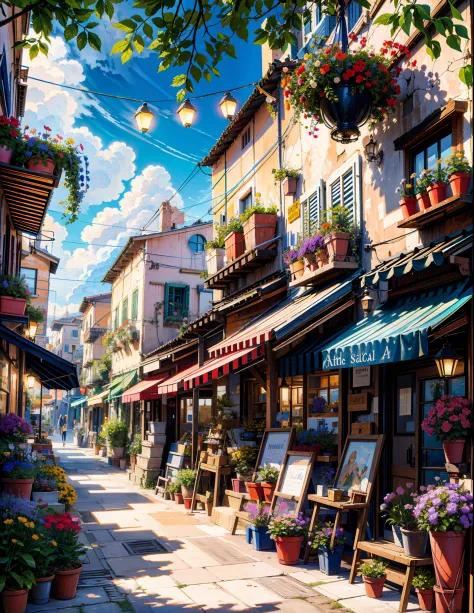 painting of a street with a flower shop , flowers, beautiful art uhd 4 k, a beautiful artwork illustration, beautiful digital painting, highly detailed digital painting, beautiful digital artwork, a bustling magical town, mediterranean fisher village, medi...