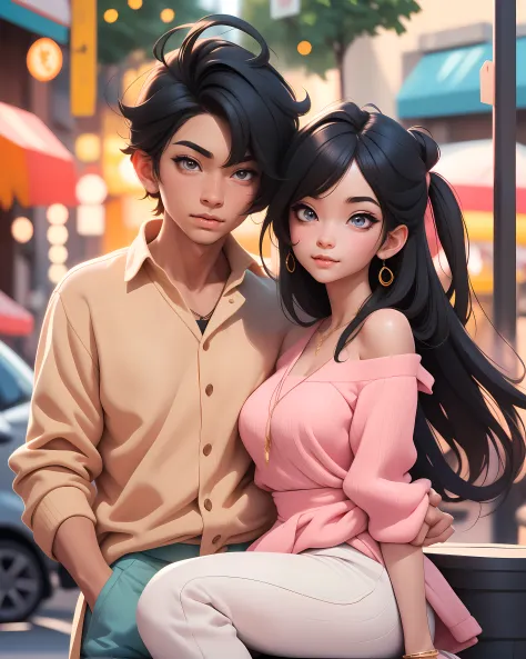 anime boy and girl,black hair for both,headrest girl on boy's shoulder,detailed facial features,beautiful sparkling eyes,long ey...