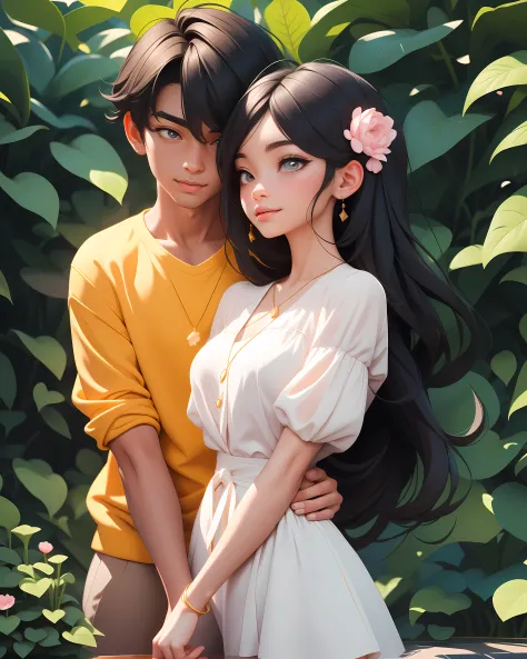 anime boy and girl,black hair for both,headrest girl on boy's shoulder,detailed facial features,beautiful sparkling eyes,long ey...