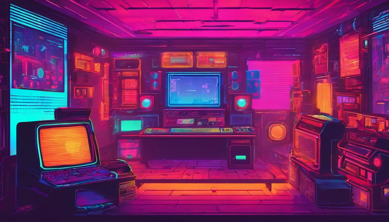 A close up of a room with a computer and a monitor - SeaArt AI